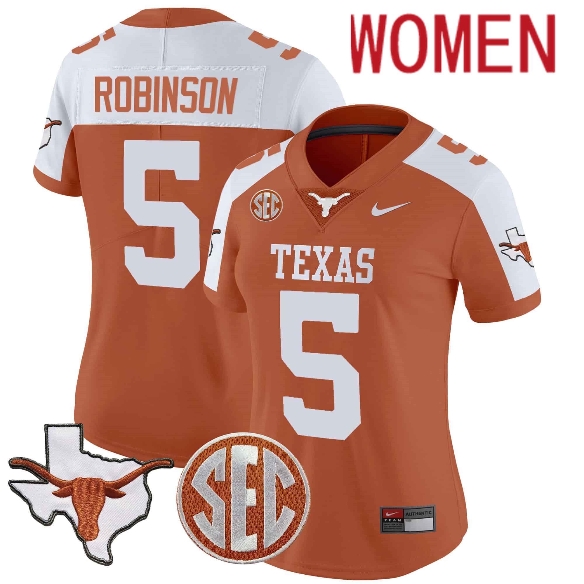 Women Texas Longhorns #5 Robinson Orange 2024 Nike State Map & SEC Patch Vapor NCAA Jersey->women nfl jersey->Women Jersey